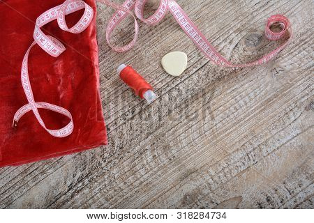 Sewing Tools And Sewing Supplies Accessories Sewing On Wooden Table.