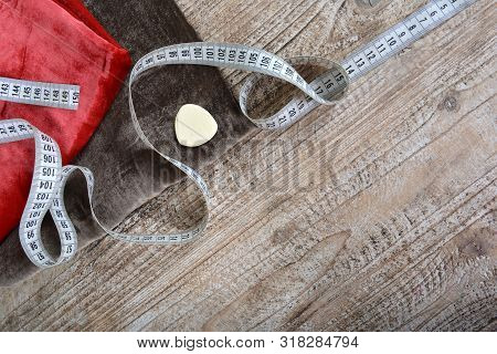 Sewing Tools And Sewing Supplies Accessories Sewing On Wooden Table.