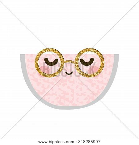 Cute Watemelon Slice With Gold Glitter Glsses. Kids Funny Graphic. Vector Hand Drawn Illustration.