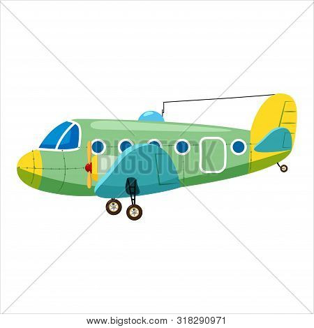 Vintage Airplane Cargo Monoplane Cartoon Retro Green Colour. Vector Isolated Cartoon Style
