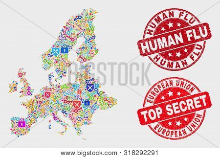 Secure European Union Map And Seal Stamps. Red Round Top Secret And Human Flu Scratched Seal Stamps.