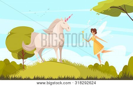 Fairy Tale Background With Unicorn And Flying Fairy Flat Vector Illustration