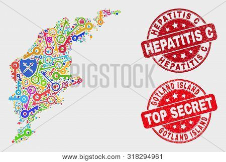 Passkey Gotland Island Map And Stamps. Red Round Top Secret And Hepatitis C Scratched Seals. Colored