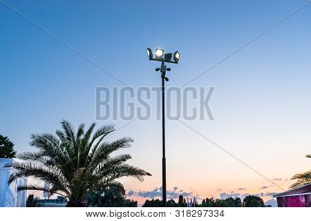 Mast At The Beach With Four Spotlights And Four Cameras Attached.