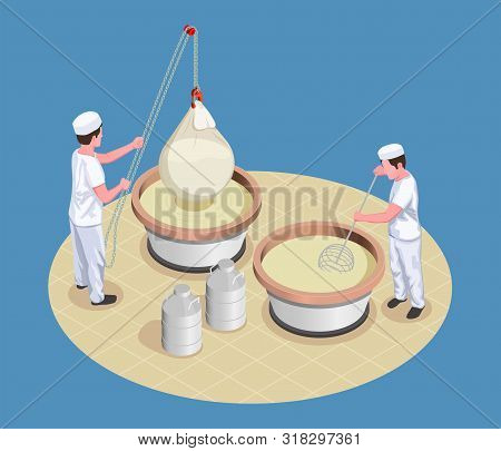 Cheese Making Isometric Poster With Two  Manufacture Workers Kneading And Checking Fermentation Proc