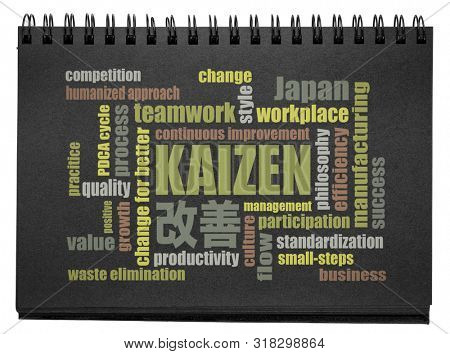 Kaizen (continuous improvement with a corresponding Japanese symbol) - Japanese concept - word cloud in a black paper sketchbook