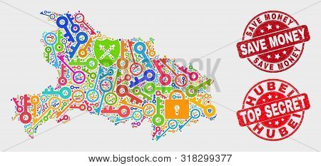 Secure Hubei Province Map And Seal Stamps. Red Round Top Secret And Save Money Scratched Seal Stamps