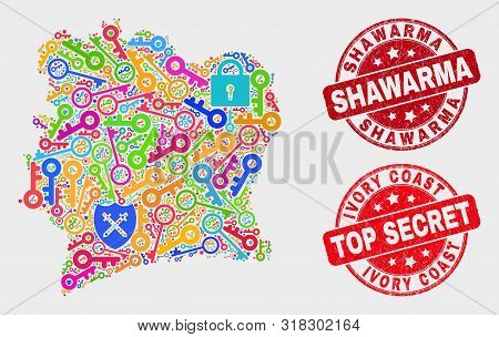 Secure Ivory Coast Map And Seal Stamps. Red Rounded Top Secret And Shawarma Distress Seal Stamps. Co