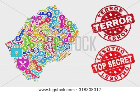Passkey Lesotho Map And Seal Stamps. Red Round Top Secret And Terror Distress Seal Stamps. Bright Le