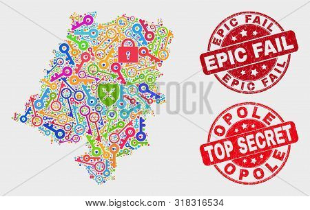Secure Opole Voivodeship Map And Seal Stamps. Red Round Top Secret And Epic Fail Grunge Seal Stamps.