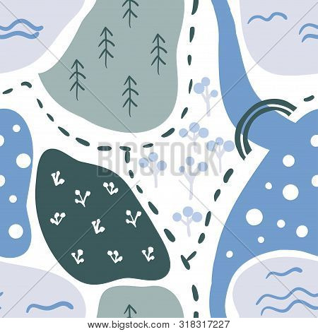 Seamless Pattern: Cartoon Map With Doodle Lake, River, Forest, Trees And Plants. Vector Illustration