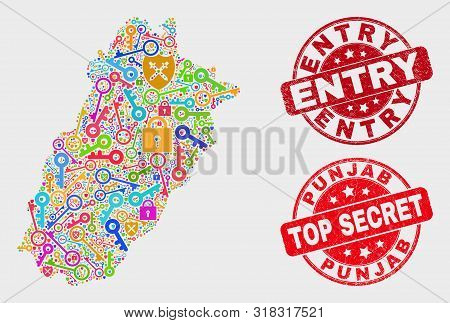 Firewall Punjab Province Map And Seal Stamps. Red Rounded Top Secret And Entry Textured Stamps. Colo