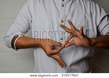 Close Up Asian Man Shows Hand Gestures It Means Interpreter Appreciation Isolated On White Backgroun