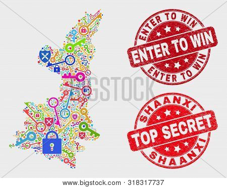 Shield Shaanxi Province Map And Seal Stamps. Red Rounded Top Secret And Enter To Win Textured Seal S