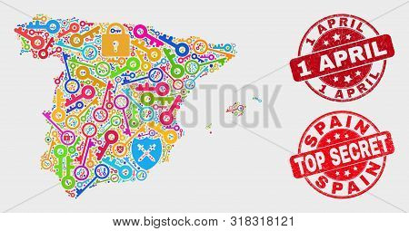Passkey Spain Map And Seal Stamps. Red Rounded Top Secret And 1 April Grunge Seal Stamps. Colorful S