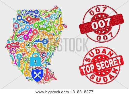 Security Sudan Map And Stamps. Red Round Top Secret And 007 Scratched Stamps. Colored Sudan Map Mosa