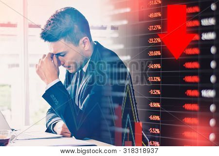 Red Trading Stock Exchange Trading Market Graph With Business Man Stress Or Tension In Office With B