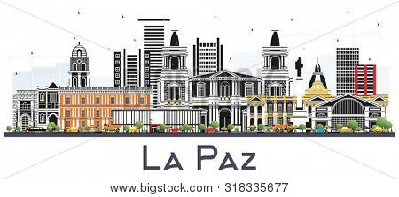 La Paz Bolivia City Skyline with Color Buildings Isolated on White. Business Travel and Tourism Concept with Historic Architecture. La Paz Cityscape with Landmarks.