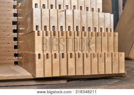 Joinery. Wood Door Manufacturing Process. Stacked Door Leaf Elements. Furniture Manufacture.