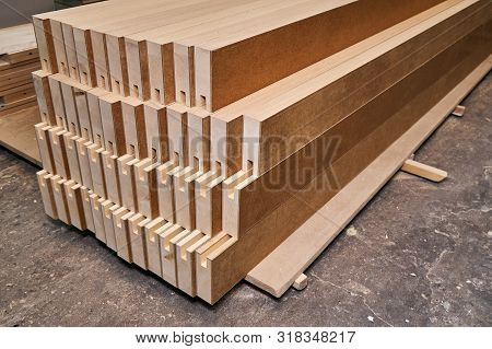 Joinery. Wood Door Manufacturing Process. Stacked Door Leaf Elements. Furniture Manufacture.