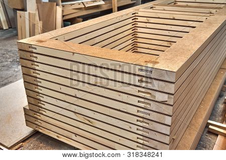 Joinery. Wood Door Manufacturing Process. Stacked Door Leafs. Furniture Manufacture.
