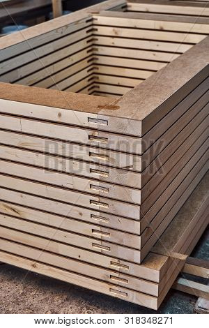 Joinery. Wood Door Manufacturing Process. Stacked Door Leafs. Furniture Manufacture.