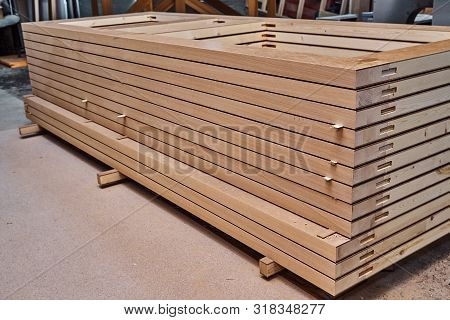 Joinery. Wood Door Manufacturing Process. Stacked Door Leafs. Furniture Manufacture.