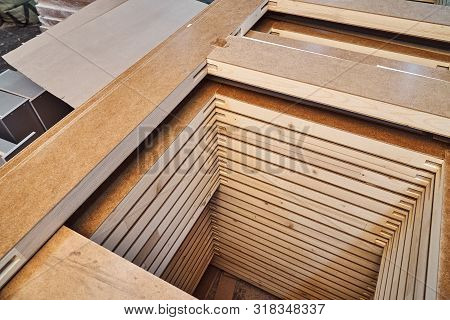 Joinery. Wood Door Manufacturing Process. Stacked Door Leafs. Furniture Manufacture.