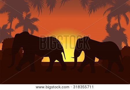 Elephants In African Savanna At Sunset Vector Illustration. Doum Palms, Acacia. Silhouettes Of Anima