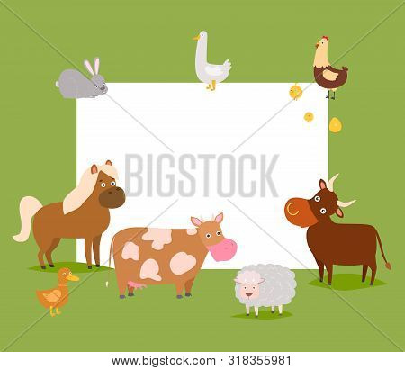 Farm Animals Vector Frame Illustration. Cow, Hourse, Chicken And Duck With Rabbit And Sheep. Card Te