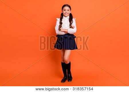 Fuul Length Body Size View Photo Charming Cute Child Feel Positive Cheerful Satisfied Content Rest R