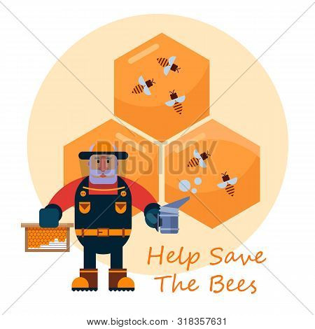 Beekeeping Concept With Beekeper In Hat And Honey Combs Cartoon Vector Illustration. Honey, Flying B