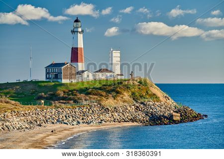 Montauk Lighthouse and beach, Long Island, New York, USA. 