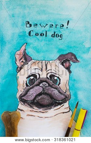 Portrait Of Cool Pug Dog. Watercolor Sketch, Illustration.