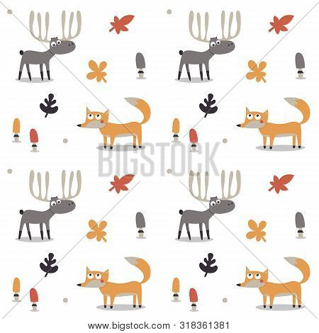 Printseamless Cute Animal Autumn Pattern Fox, Deer, Moose