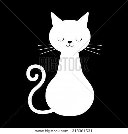 White Cartoon Cat Or Kitten. Flat, Vector Design Isolated On Black Background.