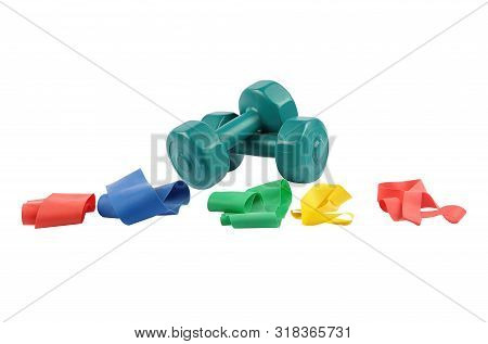 Colorful And Crisp Image Of Therapy Bands And Thigh Expander On White Background