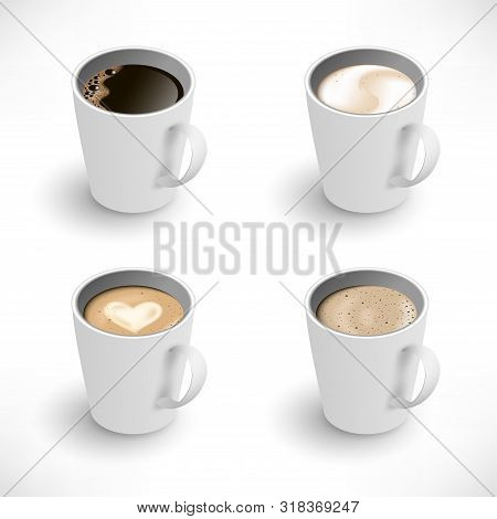 Isometric Cups Of Coffee Assortment Set. Black Coffee, Cappuccino, Latte, Espresso, Macchiatto, Moch