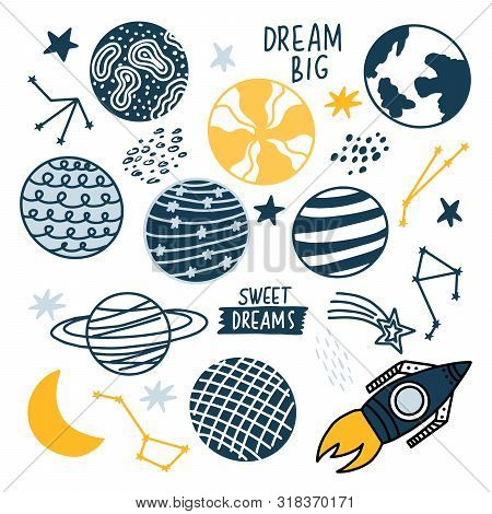Set Of Space Elements (planets, Racket, Stars). Doodle Style. Vector Illustration.