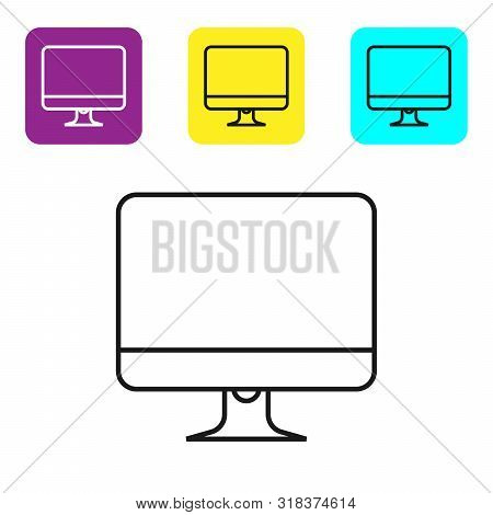 Black Line Computer Monitor Screen Icon Isolated On White Background. Electronic Device. Front View.