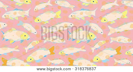 Colorful Sealife Goldfish Koi Seamless Pattern. With Geometric Touch In Tones Of Blue, Pink And Yell