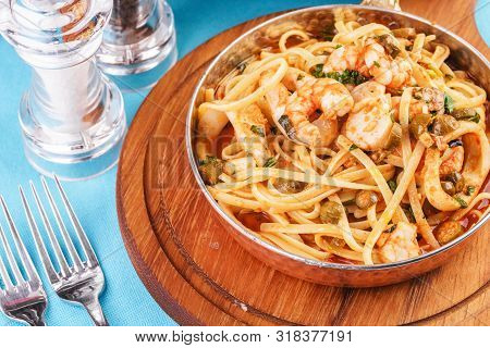 Mediterranean Pasta With Shrimps, Onions, Cucumbers And Hot Peppers
