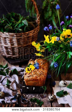 Wild Nettle Whole Grane Loaf With Eggs. Style Rustic. Selective Focus