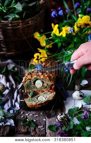 Wild Nettle Whole Grane Loaf With Eggs. Style Rustic. Selective Focus