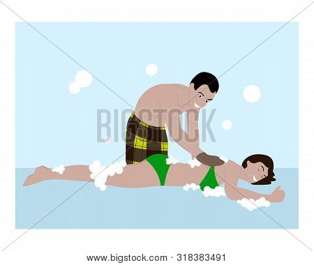 The Bath Attendant Serves A Woman In A Hammam. Cartoon People Illustration.