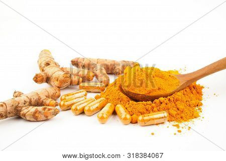 Turmeric Powder And Fresh Turmeric Onwhite Background, Herbal