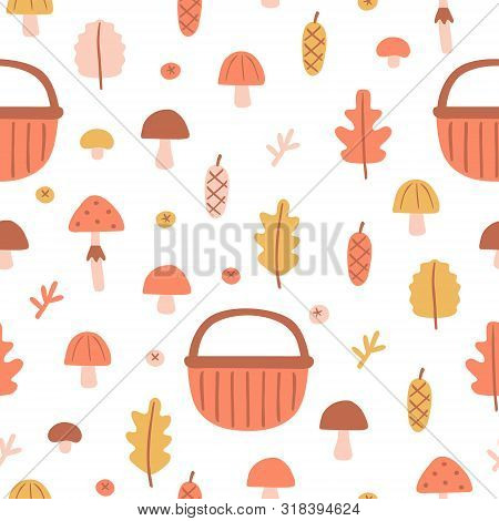 Seamless Pattern With Hand Drawn Forest Elements In Flat Style. Flat Background: Leaves, Acorn, Berr