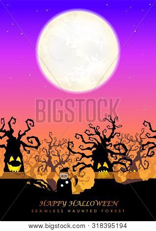 Happy Halloween Seamless Haunted Forest With Text Space, Vector Illustration. Horizontally Repeatabl