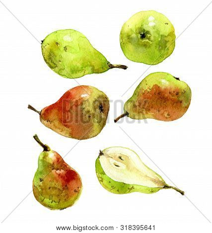 Set With Watercolor Pears Green And Red