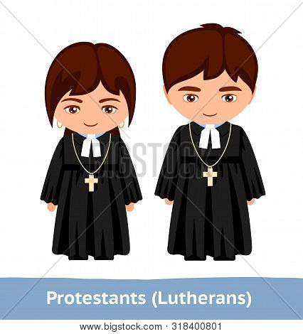 Protestants And Lutherans. Cute Cartoon Characters. Vector Flat Illustration